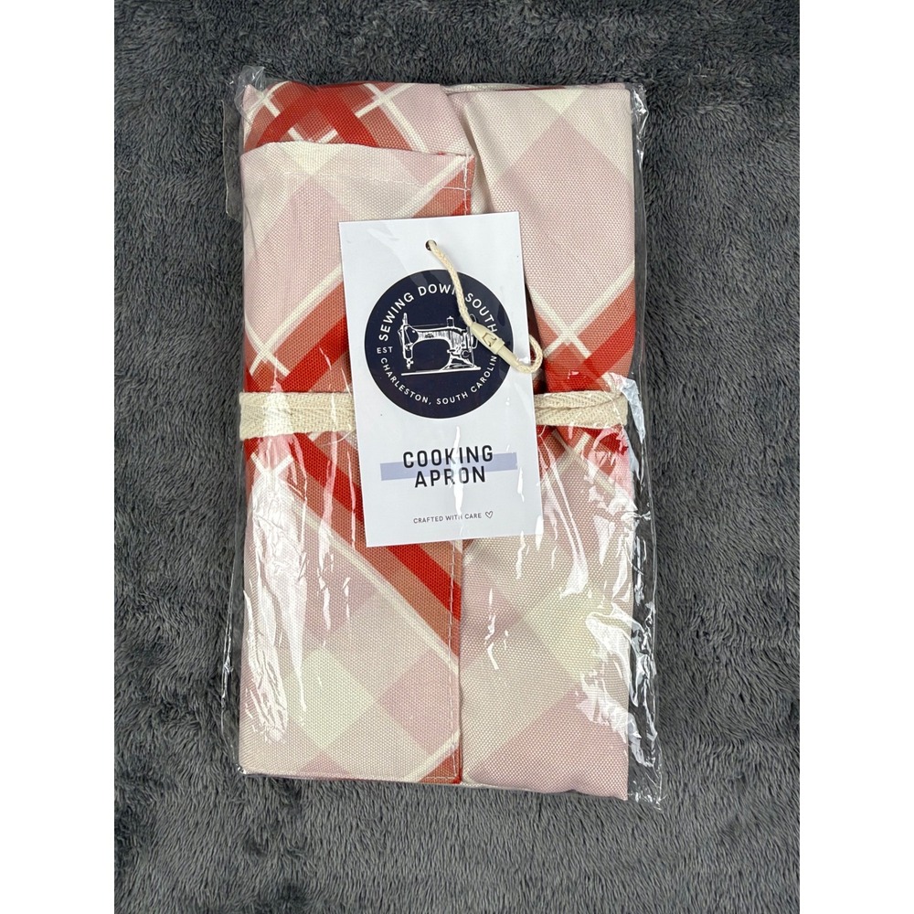 Sewing Down South Cooking Apron OS 27x31 Pink Red Plaid Kitchen FabFitFun NEW